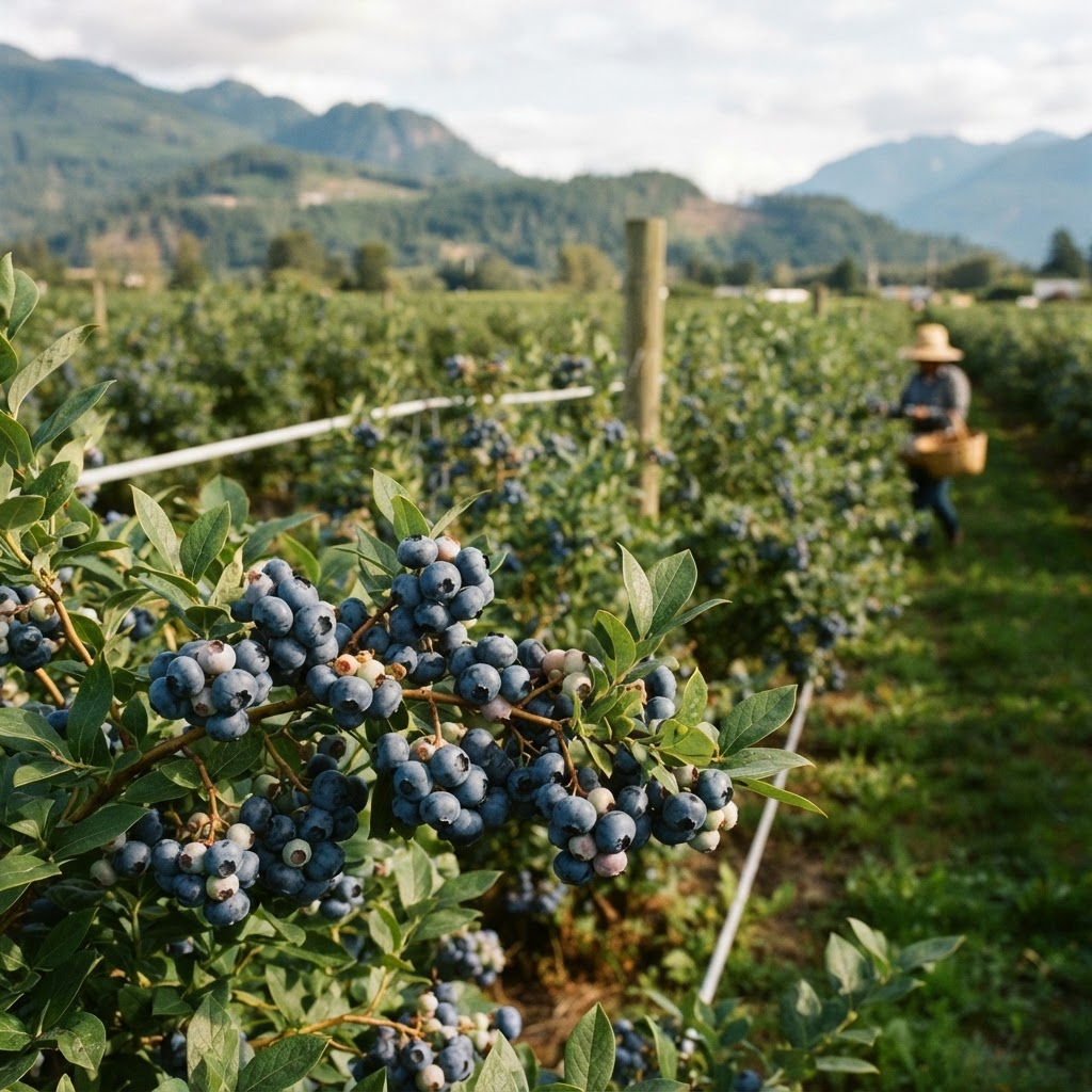 Ripe blueberries growing on bushes at a British Columbia blueberry farm