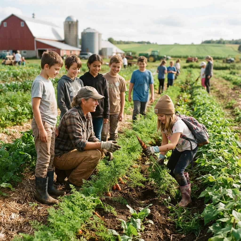 Young people learning on a working farm during a GRIS Farm Learning Tour