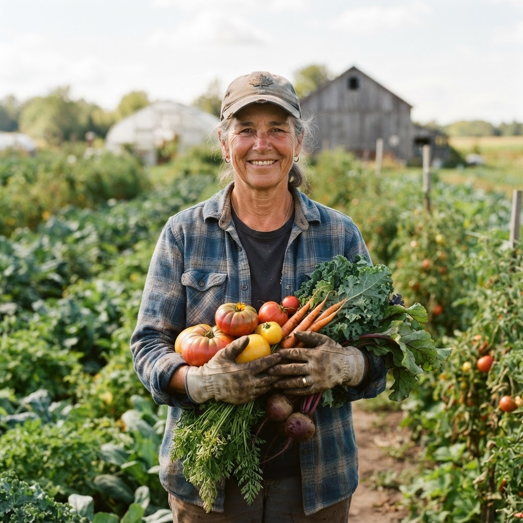 A Canadian farmer working with crops on a British Columbia farm